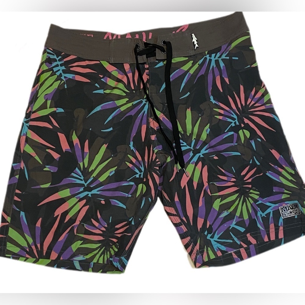 Maui and Sons Board Shorts Men’s Size 32 Tropical Palm / Neon Print Surf Trunks